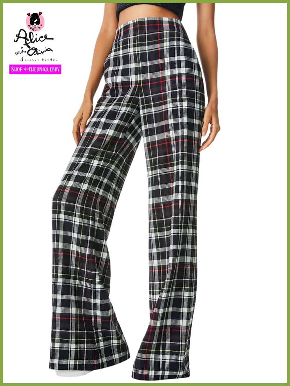 Alice + Olivia Dylan Black White Red Green Plaid High Waisted Wide Leg Pant